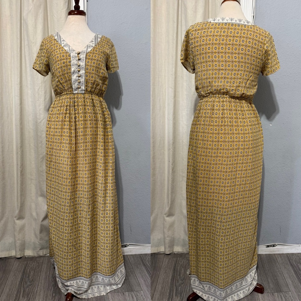 Emberley Women Yellow Geometric Print Maxi Dress Short Sleeve V‎ Neck Bohemian S